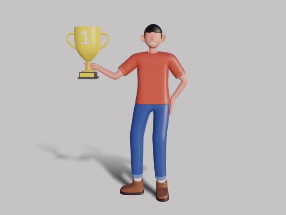 3d Male Character Holding a Trophy